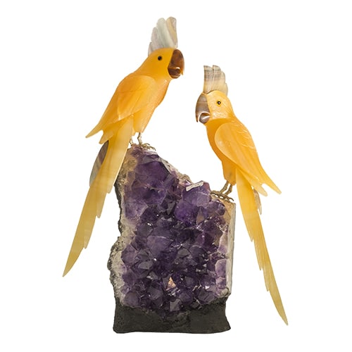 lithoangel - L'instant avec les anges - Le couple de perroquet en calcite orange et en fluorine